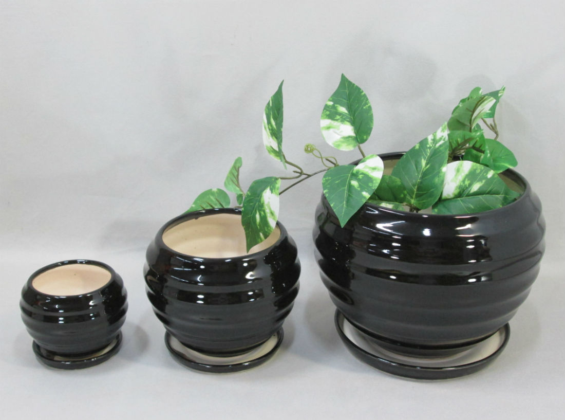 陶器植木鉢３点セット(受皿付)【モノトーン・縞】