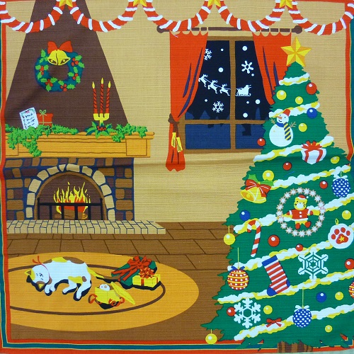 【季節の先取り商品】 シャンタンチーフ (インテリア可能)・猫ちゃんとクリスマス。