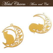 メタルチャーム 【151.月とねこ(リーフ)　1個入り】透かし　金属   三日月　猫　葉　パーツ