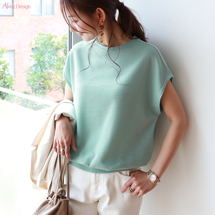 【L-8】フレンチスリーブ ニットソー トップス 半袖 Tシャツ カットソー【春夏】