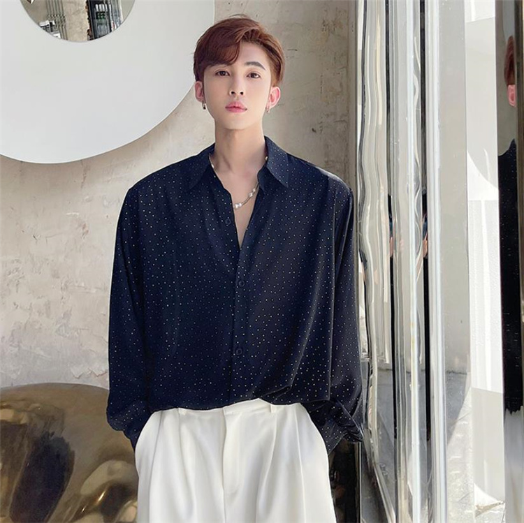 韓国ファッション 2021 新品 ヘアスタイリスト メンズ 小さな香りの風 スパンコール 長袖 シャツ トレンド