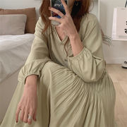センスアップ 韓国ファッション Ｖネック ロングスカート ワンピース ユニークなデザイン 長袖