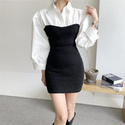 韓国ファッション 2022 春 気質 スリムフィット 対照的な色 ランタンスリーブ 短い 縫付 ワンピース