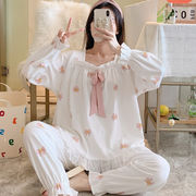 新しいシンプルな女性のパジャマかわいい蝶ネクタイ家庭服綿パジャマセット秋