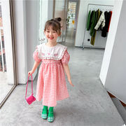 韓国子供服  子供服  キッズ服  夏服  女の子  ピンク  チェック半袖  ワンピース  プリンセススカート