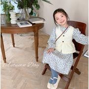 韓国風  2点セット 子供服  チョッキ  ワンピース 長袖   トップス +スカート  キッズ服  花柄  可愛い