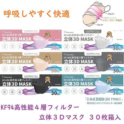 【激安処分☆呼吸しやすく快適】KF94　高性能4層フィルター　立体3Dマスク　30枚箱入り