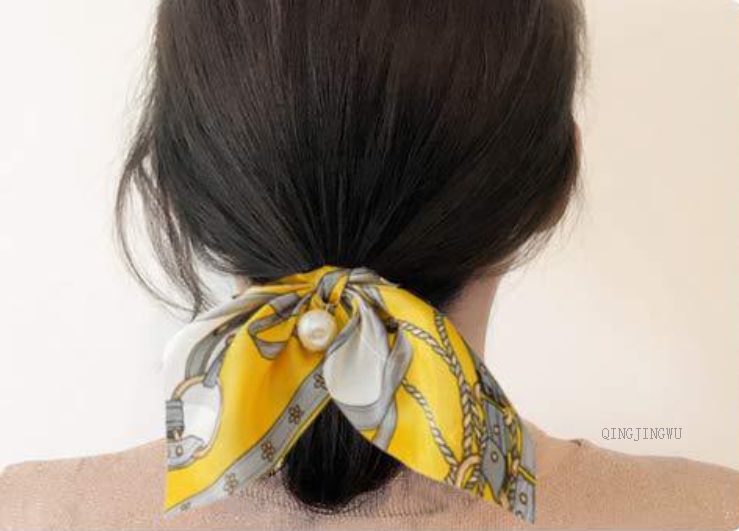 スカーフ シュシュ ヘアゴム 蝶結び リボン ヘアアクセサリー フラワープリント 髪飾り フェイクパール