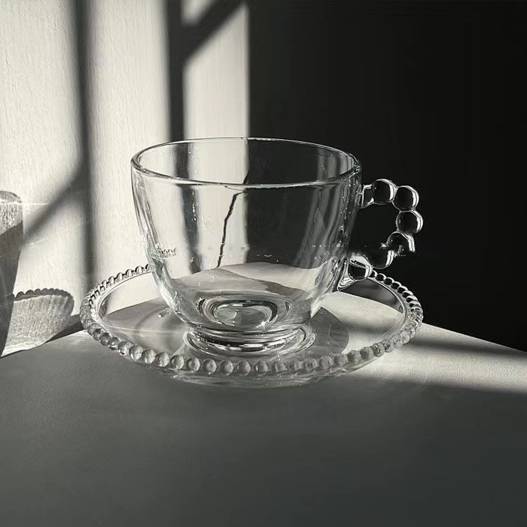 人気のあるデザイン 韓国ファッション 透明な ガラス ハンドル コーヒーカップソーサー セット 新品