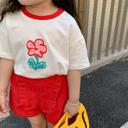 2022 夏新作 人気 韓国子供服 半袖 花のTシャツ 上着 ゆったりした 丸首 純綿