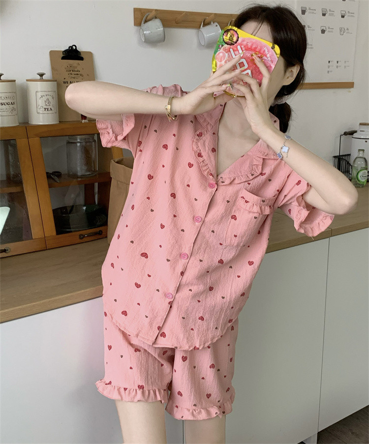 半袖 セット Ｖネック リネン コットン パジャマ sweet系 ショートパンツ