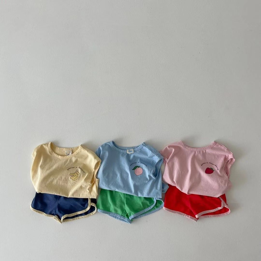 2022 夏新作 韓国子供服  INS 人気  かわいい  フルーツセット 丸首 半袖 Tシャツ+ショートパンツ