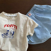 子供服夏半袖、子供用漫画リスバニーレタープリントラウンドネックプルオーバーカジュアルTシャツ