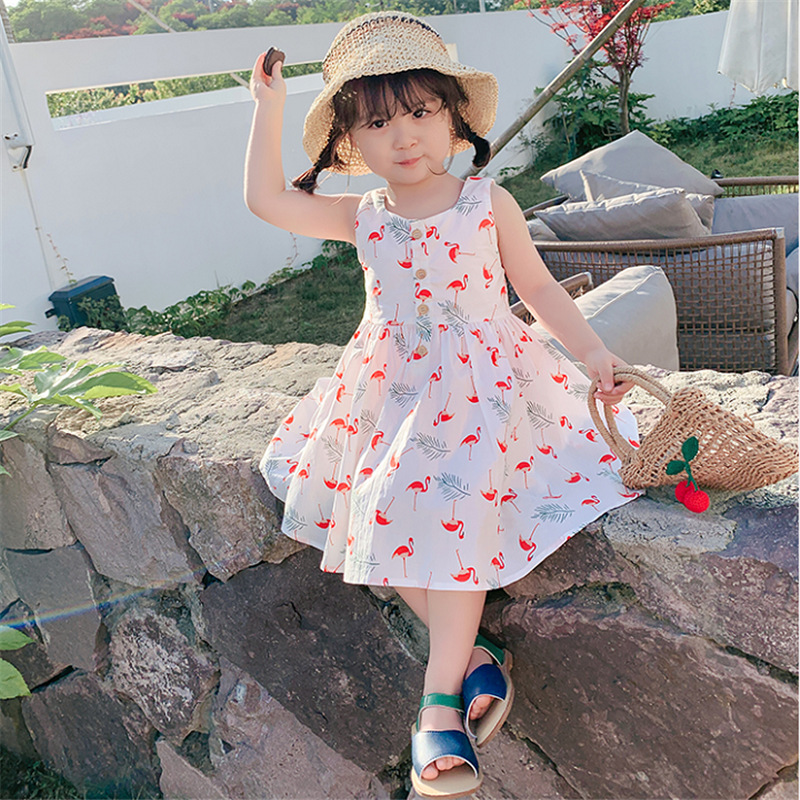 お勧め 春夏新作 韓国風子供服 女の子 フラミンゴ 袖なしワンピ シフトドレス ワンピース 7-15