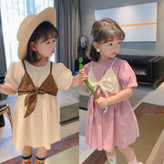 お勧め 春夏新作 韓国風子供服 3-8歳女の子 リボン 重ね着風 半袖ワンピ シフトドレス ワンピース 7-15