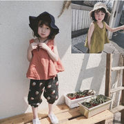 お勧め 韓国風子供服 夏新作 女の子 ドット柄花柄 五分丈 袖なし上着 ワイドパンツ シャツ+パンツ7-15