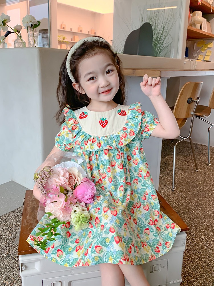 キッズワンピース イチゴ柄刺繍 可愛い 半袖 韓国風子供服 女の子服 