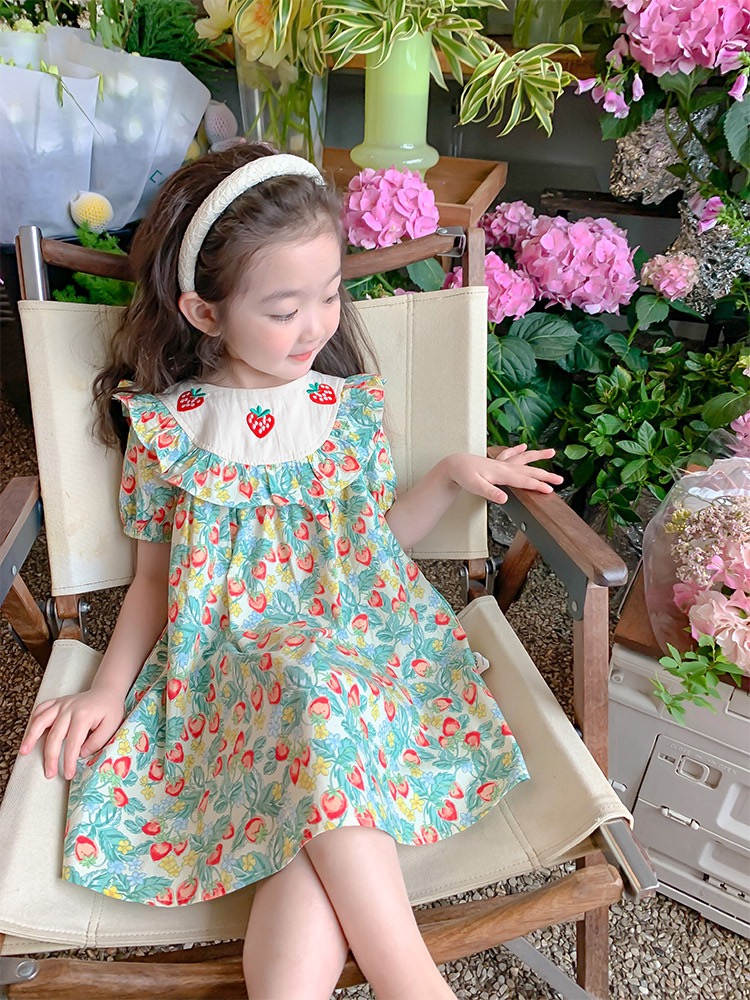キッズワンピース イチゴ柄刺繍 可愛い 半袖 韓国風子供服