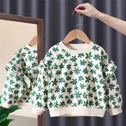 春秋  韓国子供服    女の子  長袖 可愛い  花柄   ラウンドネック   Tシャツ  ゆったり   3色