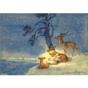 ポストカード アート クリスマス ケーガー「3匹の鹿と天使」名画 郵便はがき