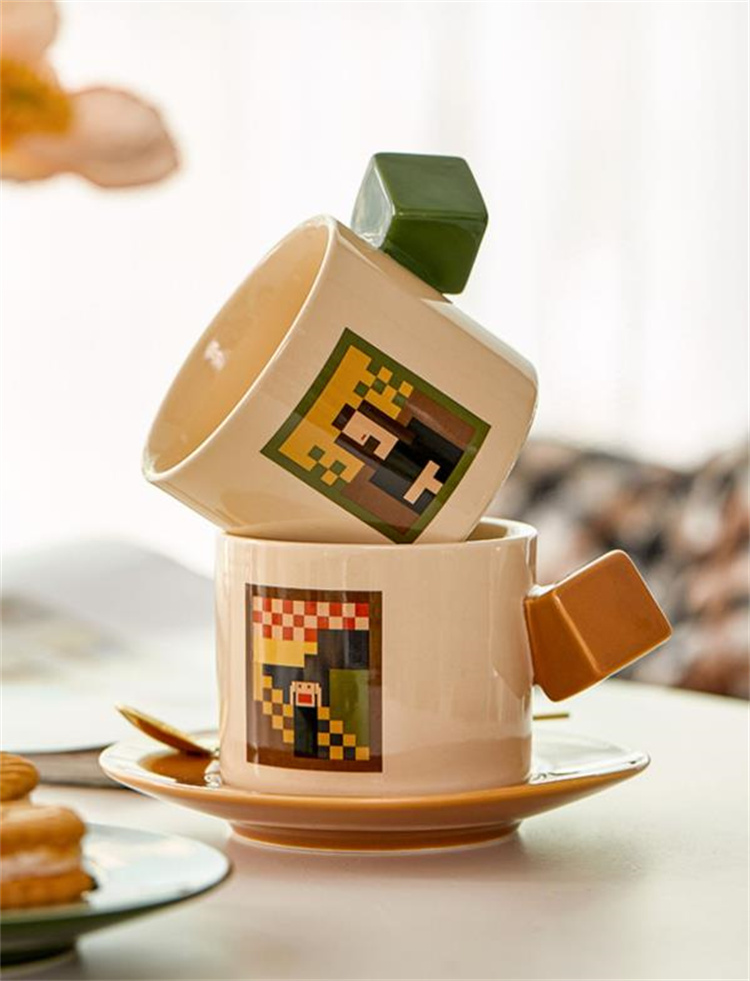 マグカップ 陶磁器カップ アート 新品 コーヒーカップ 皿 セット 精致 ピクセル画像 カウボーイカップ
