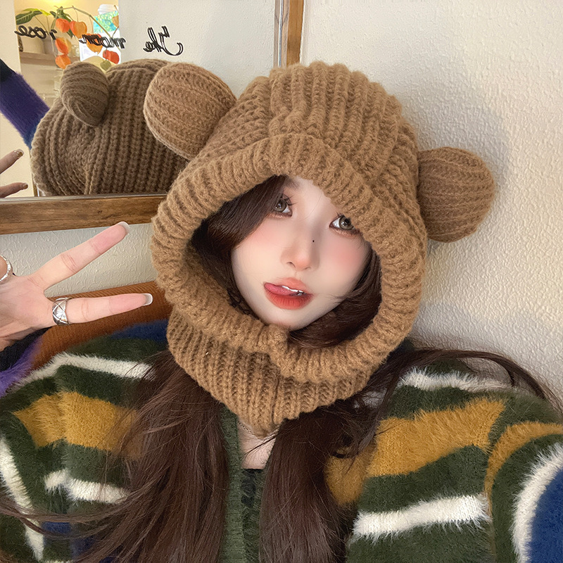 帽子　ニット帽　ネックウェア　熊　耳付き　厚手　暖かい　秋冬　韓国ファッション