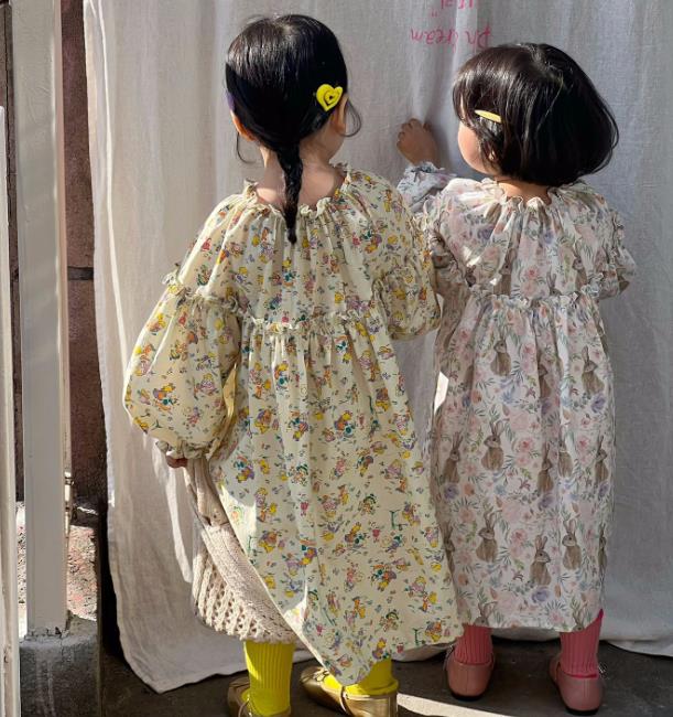 2023 長袖 韓国風子供服 ワンピース 女の子トップス 子供服 キッズ服 花柄 2色