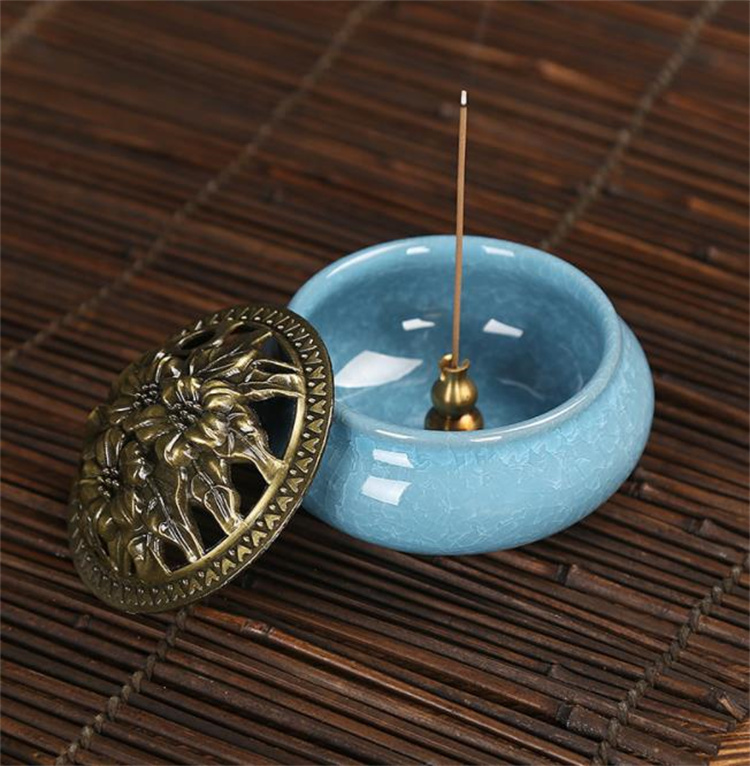 青磁香炉 仏壇用香炉 陶磁器 香台 新品 蓋 丸香炉 薫香盤 香檀 陶器