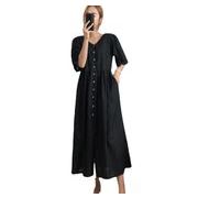 新作綿麻ワンピース2023夏の女性カジュアルロングVネック半袖シャツスカート女性
