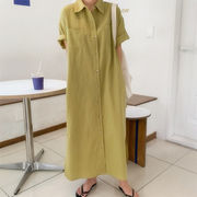 韓国夏の新作半袖ロングワンピースゆったりけだるい風ニーハイシャツ風ワンピース女