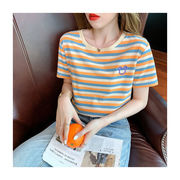 2023夏の新作ラウンドネック半袖女性Tシャツ刺繍韓国ゆったりおしゃれストライプ