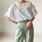 フリルTシャツ　トップス　レディース　韓国ファッション　春夏　ゆったり　デザイン　半袖