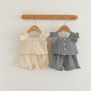 2023夏　韓国風子供服　女の赤ちゃん　ベビー服　ベスト　可愛い　チェック柄半袖tシャツ＋ショットパンツ