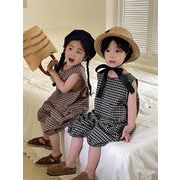 夏新作  韓国風子供服  キッズ服  袖なしトップス+ショートパンツ 綿麻 セットアップ  男女兼用  2色