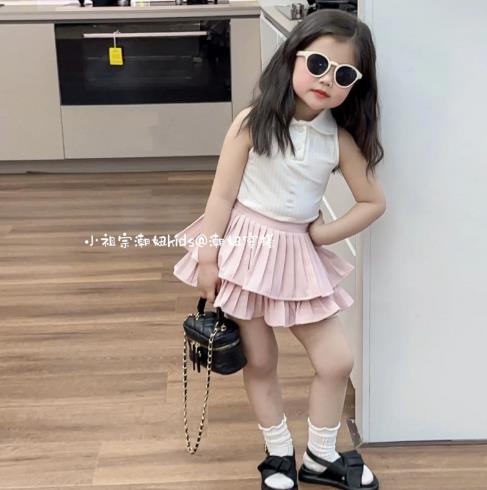 2023夏人気   韓国風子供服  キッズ   ベビー服  トップス+プリーツスカート   セットアップ  袖なし