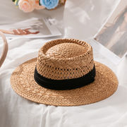 キャペリンメンズレディース麦わら帽子黒の布貼りファッション夏の日除け日焼け止め帽子