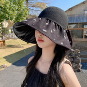 新作夏の黒ゴムサンバイザー韓国シンプル透かし蝶結びバケットハット子サンバイザー女性