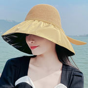 新作夏の通気性帽子つば広サンバイザー女性韓国蝶ネクタイ黒ゴム太陽帽子バケットハット