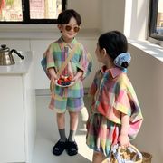 ins 夏人気   韓国風子供服   キッズ   ベビー服  チェック柄  シャツ+ショートパンツ  2点セット