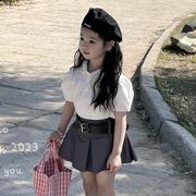 夏人気  韓国風子供服 ベビー服 半袖 トップス  シャツ+スカート 学院風 セットアップ  ベルトを送ります