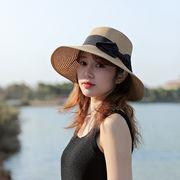 女性の夏の韓国大庇帽子蝶結び大庇日焼け止め麦わら帽子アウトドア観光リゾートビーチ帽子