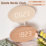 北欧雑貨 ウッド 壁掛け 12H/24H時間 木目調時計 デジタル時計 LED 楕円形 ウォールクロック