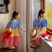 キッズワンピース　カラフル格子柄 バルーン袖　ゆったり　韓国風子供服　女の子夏物　新作