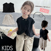 2023新作  韓国子供服 子供 キッズ 女の子 かわいい パンツ ボトムス 半袖 ストライプ ２way 黒 上下セット