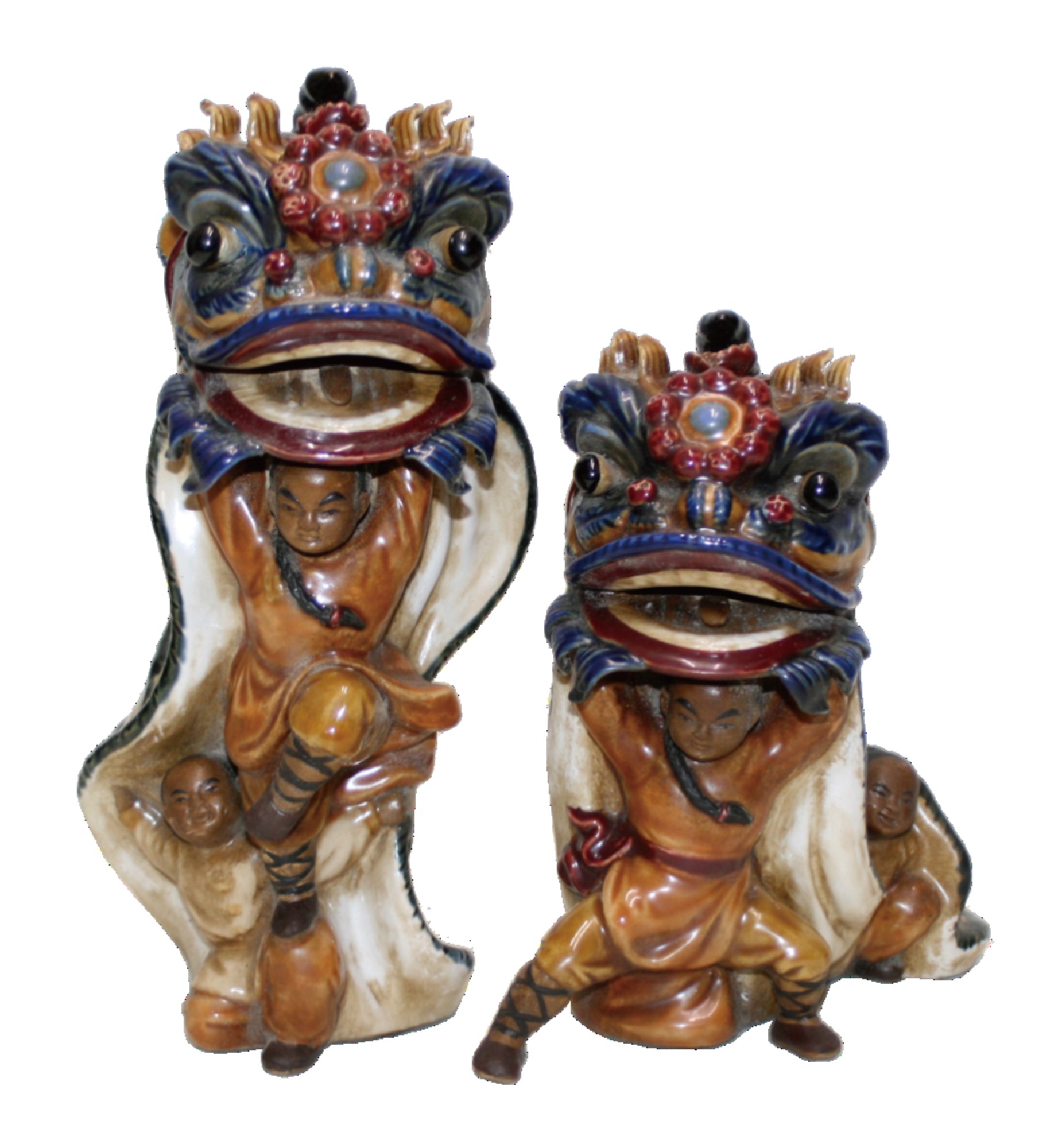 陶器 石湾人形 Y5-6 中華獅子舞い 【セット商品】