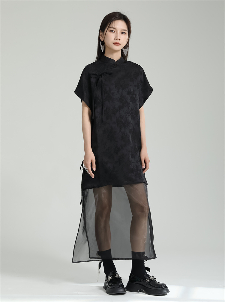 韓国大人気 デザイン 大人気 ジャカード チャイナドレスの改良 レーヨン 縫付 スリム 半袖ワンピース