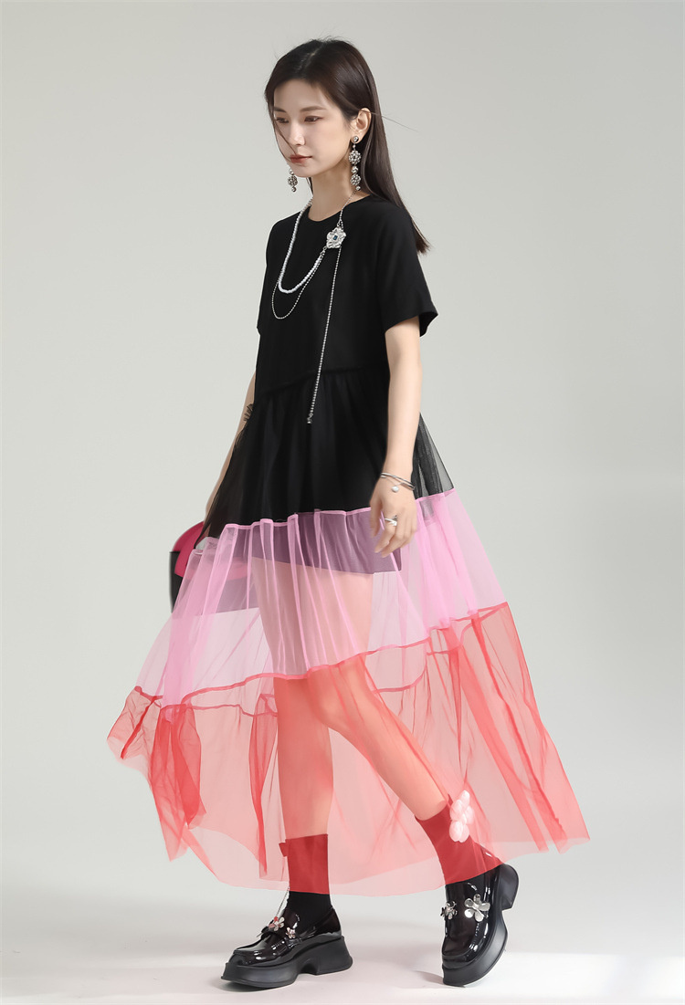 個性的なデザイン 激安セール 半袖ワンピース ロングスカート レーヨン 縫付 ストリート Tシャツスカート