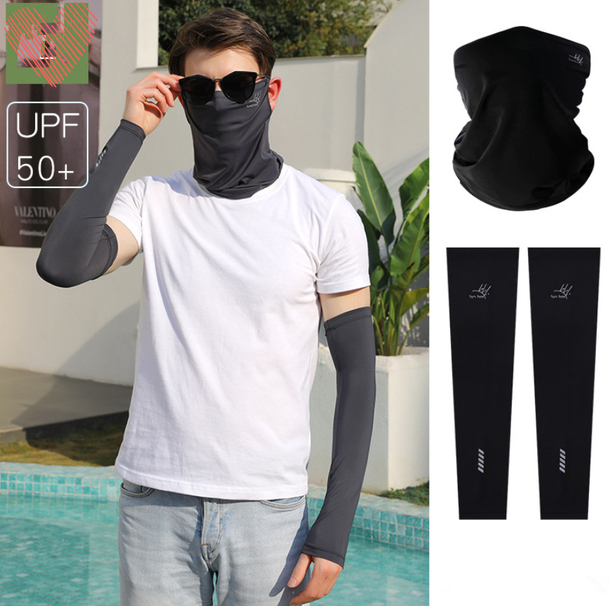 冷感 UPF50+ 日焼け防止 フェイスマスク フェイスガード 夏用 UVカット メンズ マスク+アームカバーセット