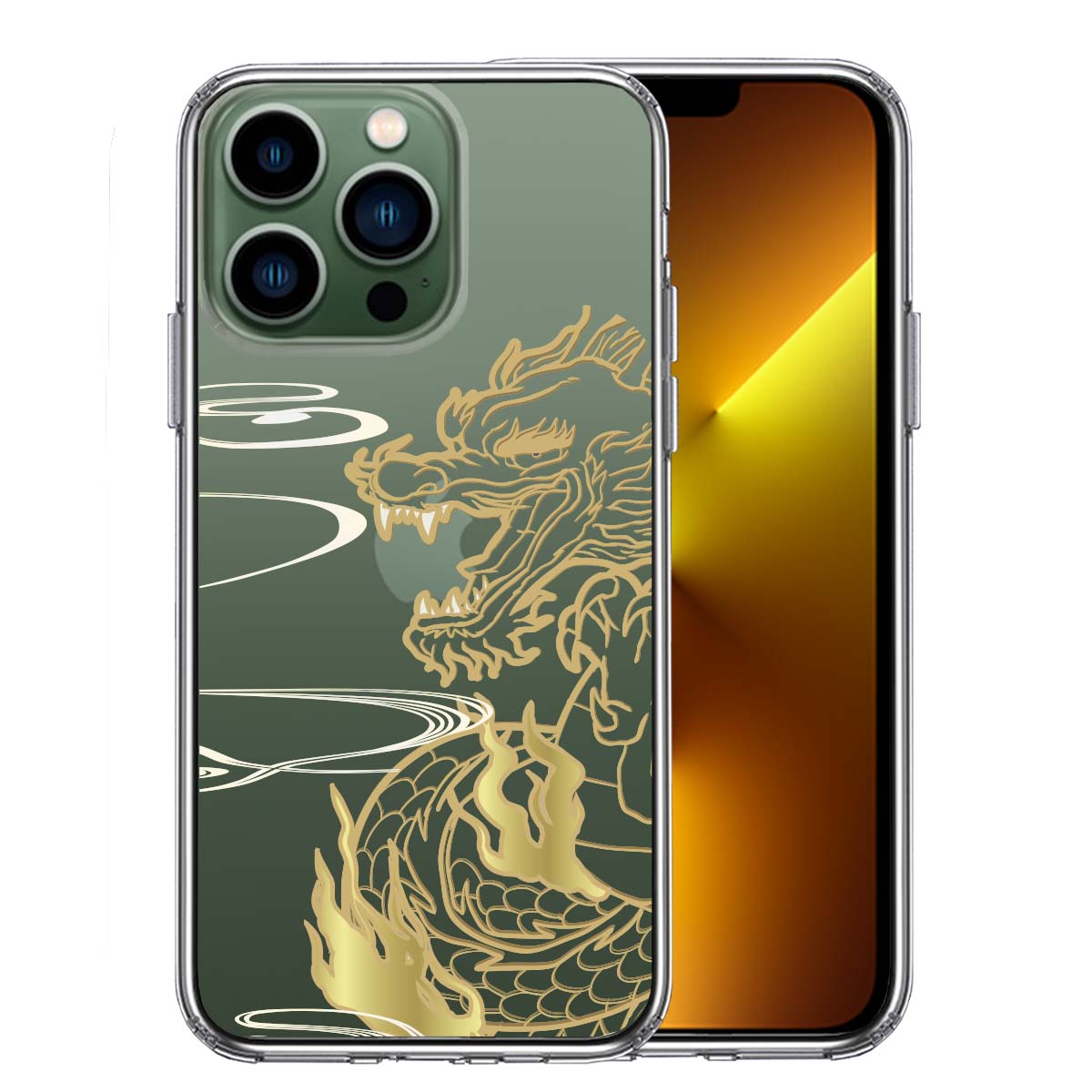 iPhone13 Pro 側面ソフト 背面ハード ハイブリッド クリア ケース 龍 竜 ドラゴン ゴールド