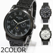 ローマ数字インデックス フェイクダイヤル ブラックメタルベルト クオーツ 電池式 WSQ009 メンズ腕時計